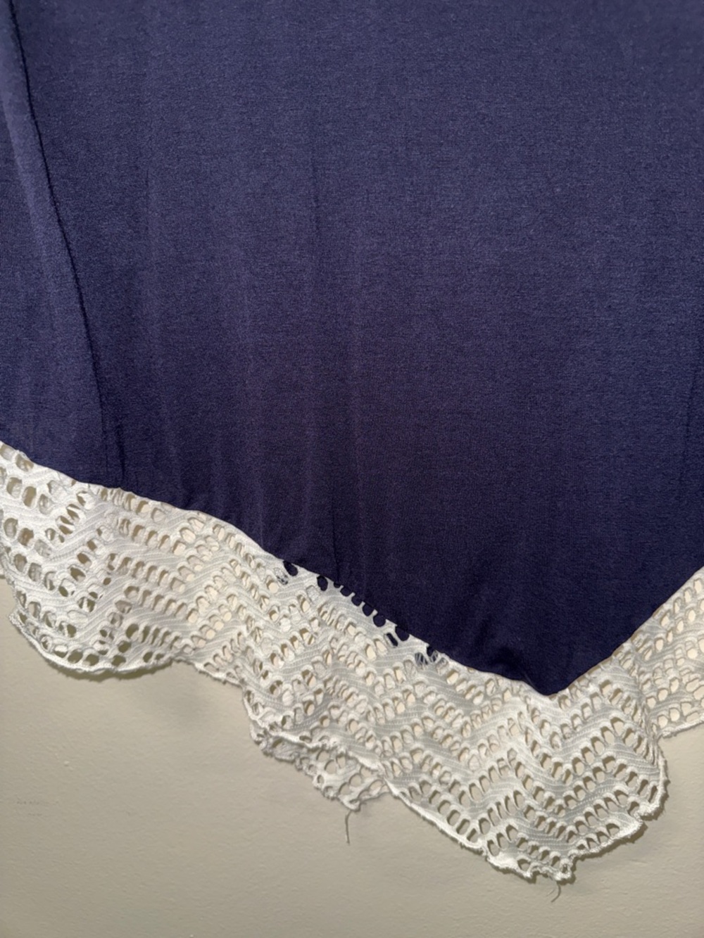 Women’s Navy Blue Short Sleeve Top with White Lace Hem - Picture 2 of 5